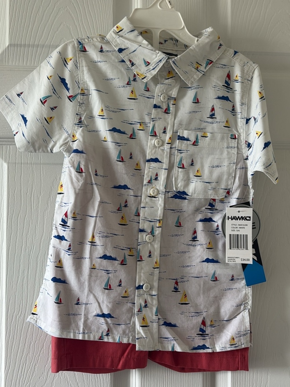 Hawk Anchor-Print Button Front Shirt — White with Navy, Yellow & Red Sails